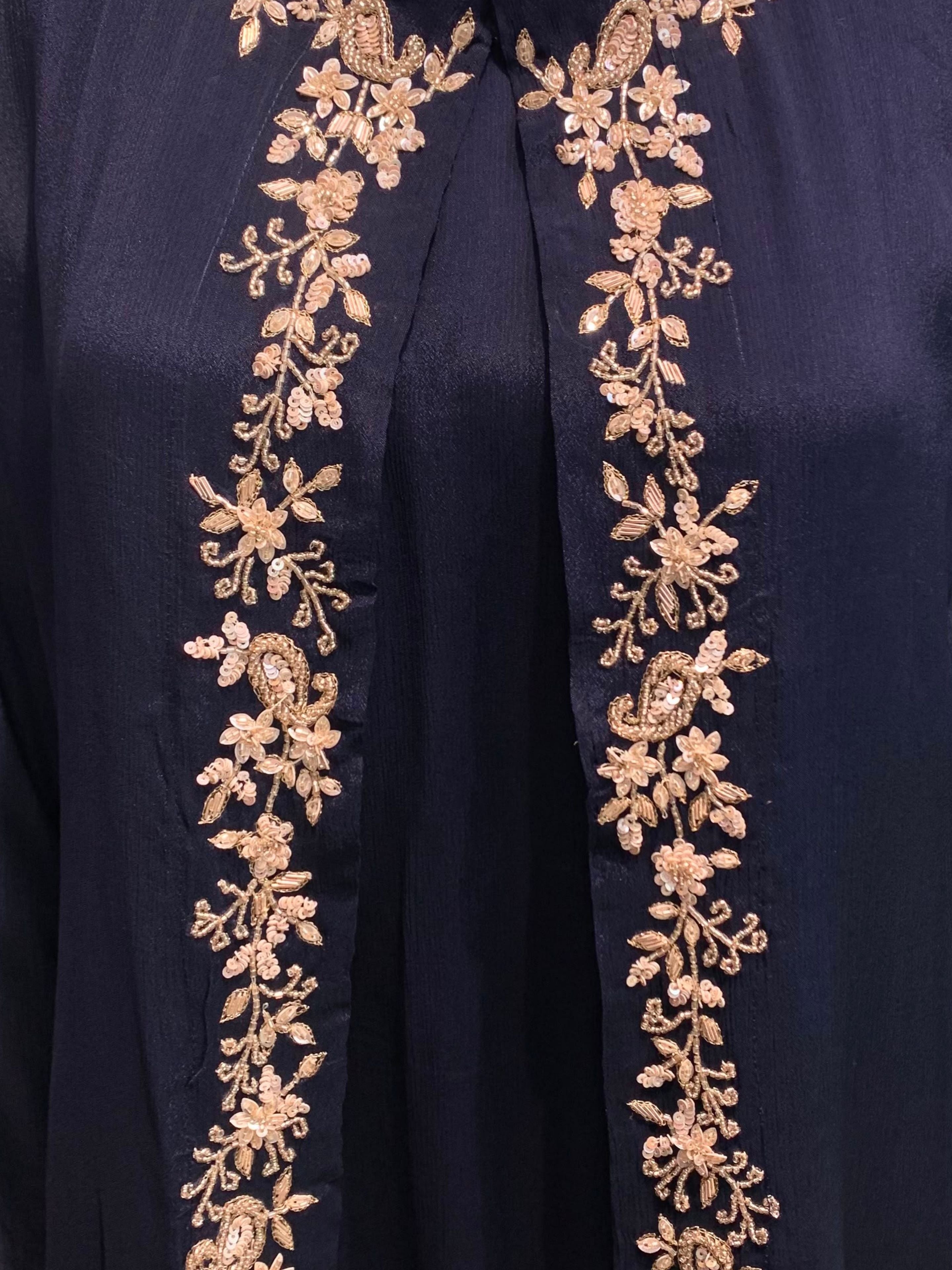 Navy Blue Chinon Shirt, Palazzo, Shrug And Dupatta with Cutdana, Sequins, Pearl and Dabka Embroidery 6